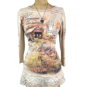 Cottagecore Long Sleeve Graphic Tee Scenic Covered Bridge Sz XL Cowgirl Y2K